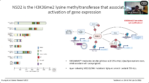 Slide 17/42 at 21:04: NSD2 is the H3K36me2 lysine methyltransferase ...