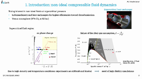 TUDelft
P.C. Boldini et al.
1. Introduction: non-ideal compressible fluid dynamics
Supercritical heat exchanger
Rising interest in non-ideal fluids at supercritical pressure
turbomachinery and heat exchangers for higher efficiencies toward decarbonisation
Venus atmosphere (97% CO2 at 92 bar)
Supercritical fluid region:
no phase change
failure of the ideal-gas assumption, Z =
PROT
Supercritical fluid
T800
Widom line
T360
Z < 0.5
T340
L-like
V-like
T320
Z < 0.9
0.9 <Z < 0.99
Critical
Z> 0.99
point
L: liquid
T280
(Liquid)
T260
Thank
V: vapour
T240 (Liquid-vapour)
from Ren et al., J. Fluid
T220
10-1
Mech. 871, (2019)
10-3
10-2
10-1
T,=T*/T
Specific volume V* (m³ kg-1)
Due to high-density and temperature conditions: experiments are difficult and limited
need of high-fidelity simulations
CPC 309 (2025) 109507