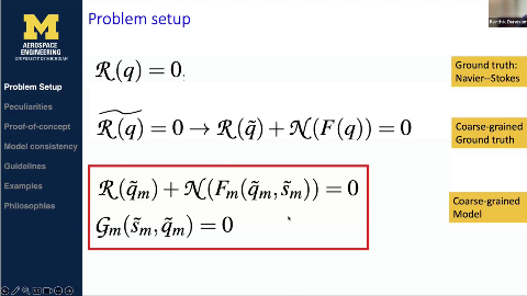 Problem setup
Karthik Duraisam
AEROSPACE
ENGINEERING
UNIVERSITY OF MICHIGAN
R(q) = O.
Ground truth: Navier--Stokes
Problem Setup
Peculiarities
Proof-of-concept
R(q) = O
R(q) + N(F(q)) (q)) = O
Coarse-grained
Ground truth
Model consistency
Guidelines
Examples
R(αₘ) + N(Fm(qm,ₛₘ), (qₘ, ₅ₘ)) = 0
Philosophies
Coarse-grained
Model
Gm (5ₘ, qm) = 0
0/93100