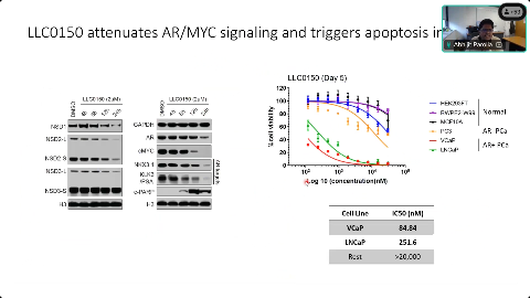 Slide 34/42 at 45:09: LLC0150 attenuates AR/MYC signaling and triggers ...