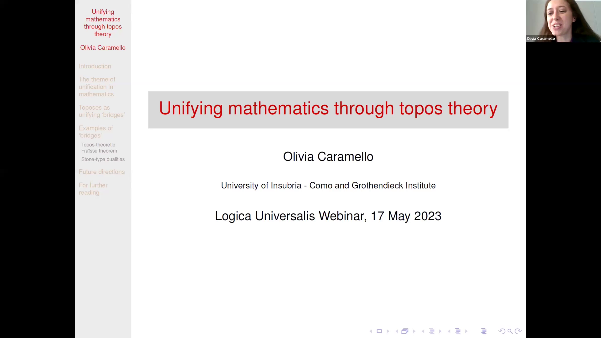 Slide 1/22 at 01:39: Unifying mathematics through topos theory