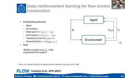 Slide 44/49 at 38:56: Deep reinforcement learning for flow control